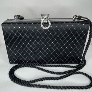Vintage Kenneth Jay Lane Black Evening Purse with Rhinestone Panther Clasp